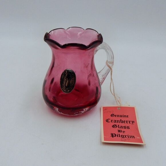 Pilgrim Glass Handblown Cranberry Vase Pitcher Applied Clear Handle 4 Inch Tags - Picture 1 of 13